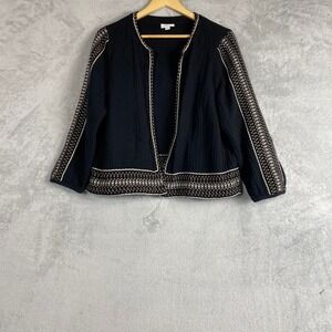 Pure Jill Womens Black Cotton‎ Gauze Embroidered Open Front Jacket Medium M